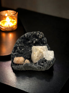 Black Chalcedony with Calcite, Stilbite & Apophyllite