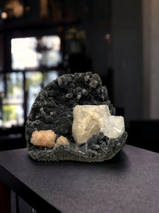 Black Chalcedony with Calcite, Stilbite & Apophyllite