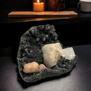 Black Chalcedony with Calcite, Stilbite & Apophyllite